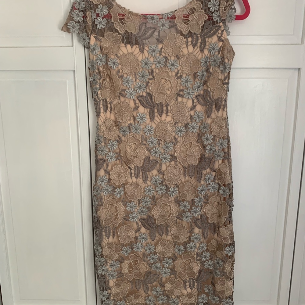 Xscape Tan and Gold Sheath Midi Dress with Flutter Cap Sleeves